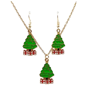 Christmas jewelry set with green enamel tree necklace and hook earrings for women