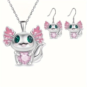 Cartoon axolotl jewelry set with necklace and earrings featuring pink heart crystals