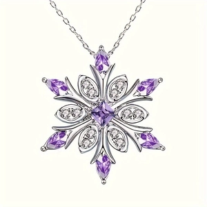 Elegant silver snowflake necklace with purple gemstones and tiny diamond accents