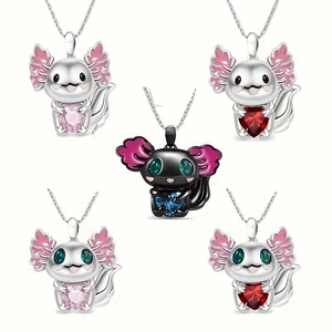 Cartoon Axolotl Jewelry Set Cute Enamel Salamander Necklace Earrings With Stainless Steel Chain Rhinestone Heart Jewelry