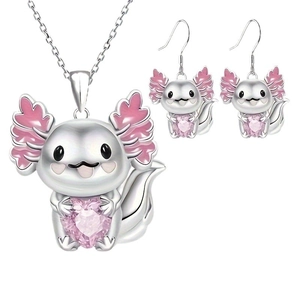 Cartoon axolotl jewelry set with pink heart crystal necklace and matching hook earrings
