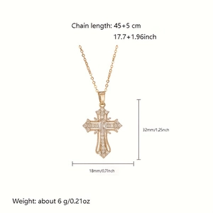 Details van de vintage gouden kruisketting met zirkonia en afmetingen