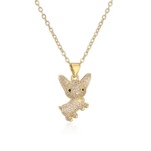Chic golden puppy necklace featuring sparkling white zircon and cute bow tie detail