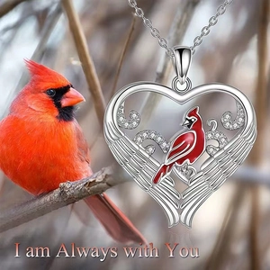 Silver heart necklace featuring a red cardinal bird and engraved Always with You