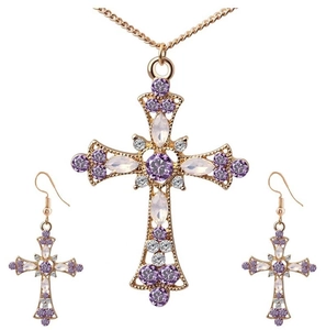 Parure de Bijoux Croix en Alliage Vintage Avec Pendentif Incrusté de Strass Collier Et Boucles d'Oreilles Crochet Accessoires Religieux Bohèmes Femme