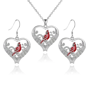 Silver heart cardinal jewelry set with red enamel bird necklace and earrings