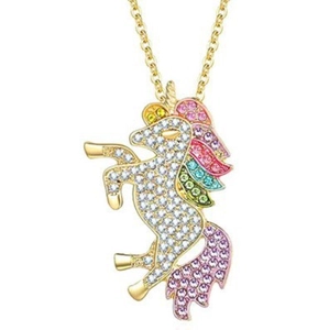 Close-up of golden unicorn pendant with rainbow zircons and elegant gold chain necklace