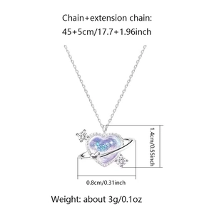 Detailed specs of heart planet pendant necklace with dimensions and material info