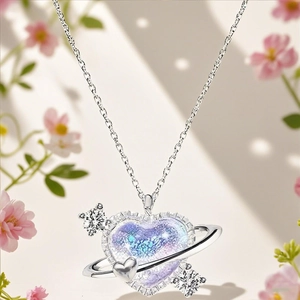 Elegant heart planet necklace with purple starry gradient and silver chain jewelry