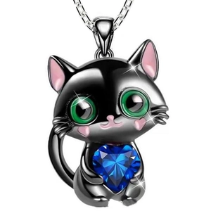 Cute black cat pendant necklace with big blue heart gemstone and green jewel eyes