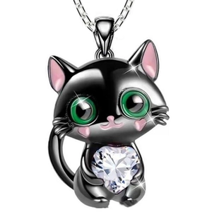 Cute black cat pendant necklace holding a clear crystal heart on a silver chain