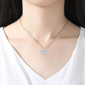 Elegant heart planet necklace with blue purple gradient stone and silver planet ring