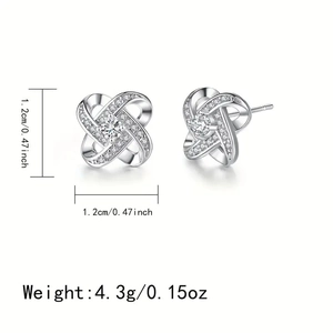 Silver four-petal flower stud earrings with pavé cubic zirconia and size dimensions