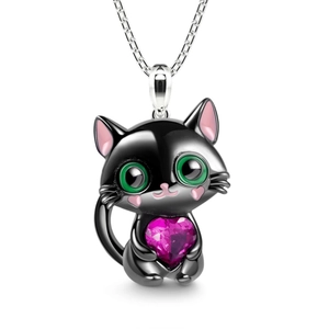 Cute black cat pendant necklace holding a sparkling pink heart jewel for women