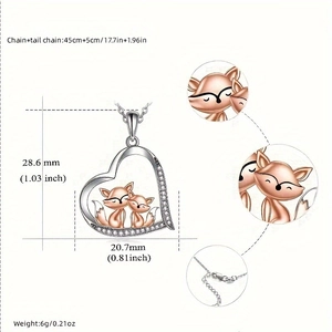 Charming fox heart pendant necklace with dimensions and detailed jewelry zoom-in views