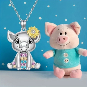 Süße Cartoon Schwein Anhänger Halskette Legierung Sonnenblume Bunte Strass Mit Edelstahlkette Schmuck Für Damen Geschenk