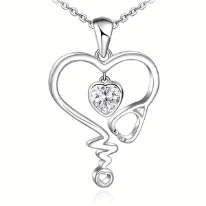 Collar Colgante Corazón Estetoscopio Cobre Circonita Tono Plata Tema Médico Joyería Enfermera Regalo Para Mujeres