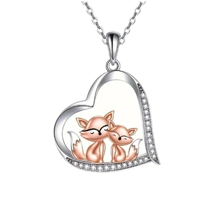 Charming fox heart pendant necklace in silver and rose gold with zircon accents