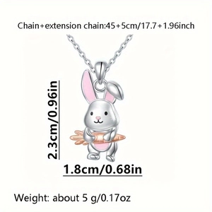 Détails du pendentif lapin rose avec carotte et chaîne ajustable en métal argenté