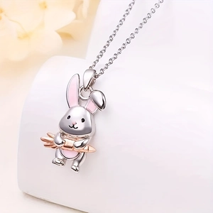 Collier pendentif lapin rose mignon avec carotte, chaîne en métal argenté