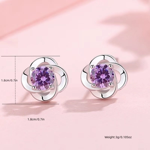 Detailed close-up of clover flower stud earring with purple zircon and size specs