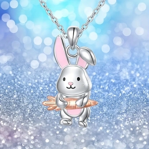 Gros plan d'un pendentif lapin en argent tenant une carotte en or rose sur chaîne