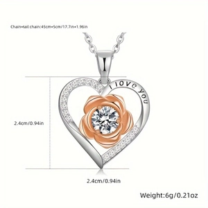 Heart-shaped rose necklace with birthstone and I Love You engraving for women