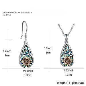 Detailed view of sunflower teardrop necklace and earrings set with dimension markings