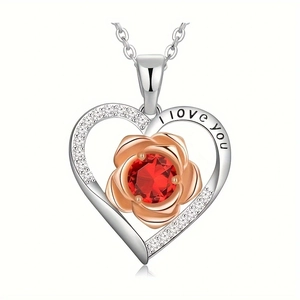 Heart rose necklace with red birthstone and I Love You engraving on a silver chain
