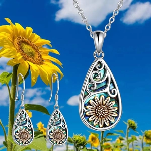 Vintage Sunflower Teardrop Jewelry Set Alloy Enamel Abalone Shell Look Necklace Earrings Stainless Steel Chain For Women