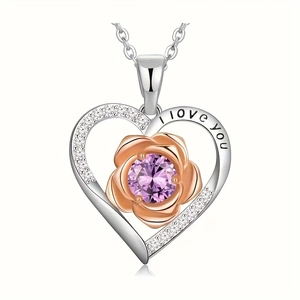 I Love You engraved heart necklace with rose gold flower and purple birthstone