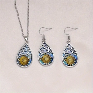 Fashionable sunflower teardrop necklace and earrings set with blue enamel inlay