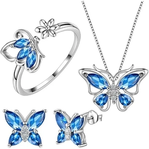 Elegante vlinder sieradenset met blauwe edelstenen inclusief ketting, oorbellen en ring