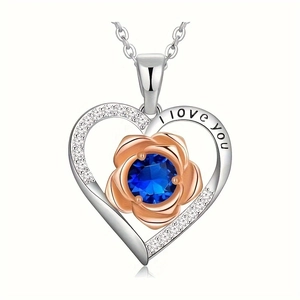 Silver heart necklace with rose gold flower and blue birthstone pendant for women