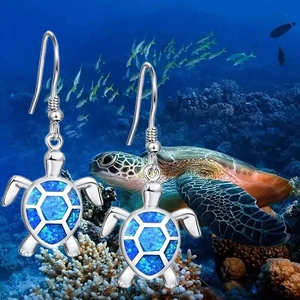 Blue opal turtle drop earrings in silver with a vibrant sea-inspired aesthetic