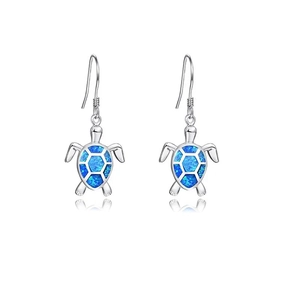 Charming silver turtle drop earrings featuring blue opal inlay shells for women