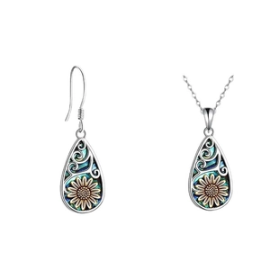 Bohemian silver sunflower necklace and drop earring set with iridescent abalone shell finish