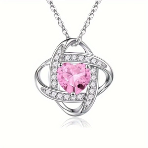 Pink heart clover necklace with sparkling crystals and silver plated chain for women