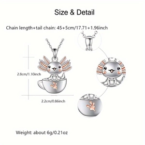 Detailed view of axolotl in teacup pendant with dimensions and necklace specifications