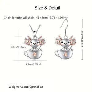 Detailed size chart for the cute axolotl pendant necklace and earrings jewelry set
