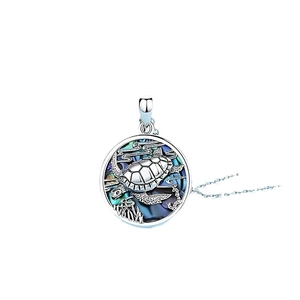 Exquisite turtle pendant necklace with colorful abalone shell inlay on white background