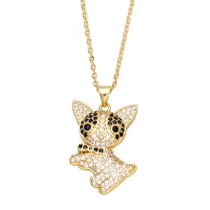 Sparkling pave-setting dog necklace in gold finish with black and white crystals