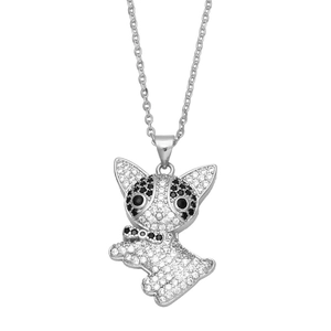 Close-up of cute Corgi dog pendant with sparkling clear zircons and black stone accents