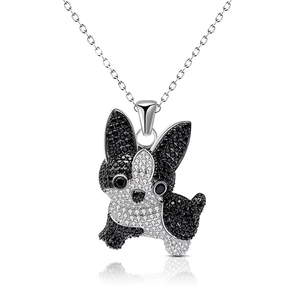 Sparkling silver corgi dog pendant necklace with black and white pavé cubic zirconia
