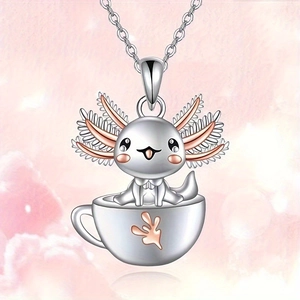Cute Axolotl in teacup pendant necklace with rose gold accents on a silver chain