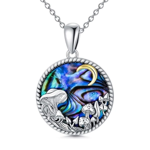 Vintage round mushroom forest necklace with crescent moon and rainbow abalone shell pendant