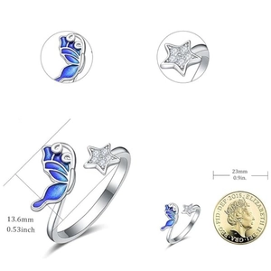 Elegant butterfly and star open ring with blue enamel and sparkling cubic zirconia