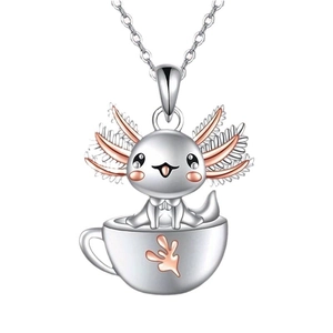 Cute cartoon Axolotl in teacup pendant necklace for girls in silver and rose gold tones