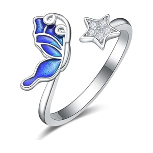 Elegant adjustable silver butterfly and star ring with blue enamel and sparkling zircons