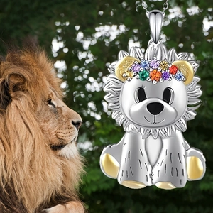 Cute lion pendant necklace with colorful zircon wreath and silver finish for kids